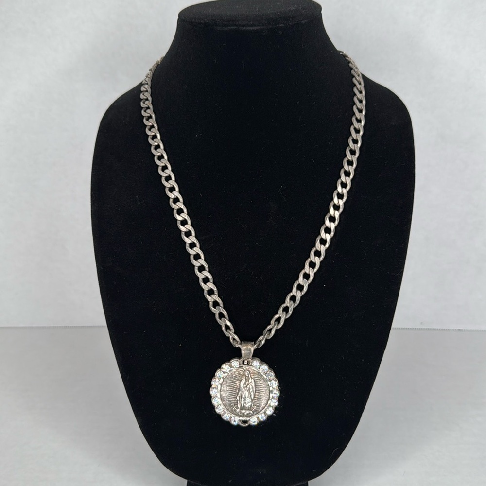 Antique 1900s Virgin Mary Sterling Silver Pendant Necklace with Crystal Lot A35